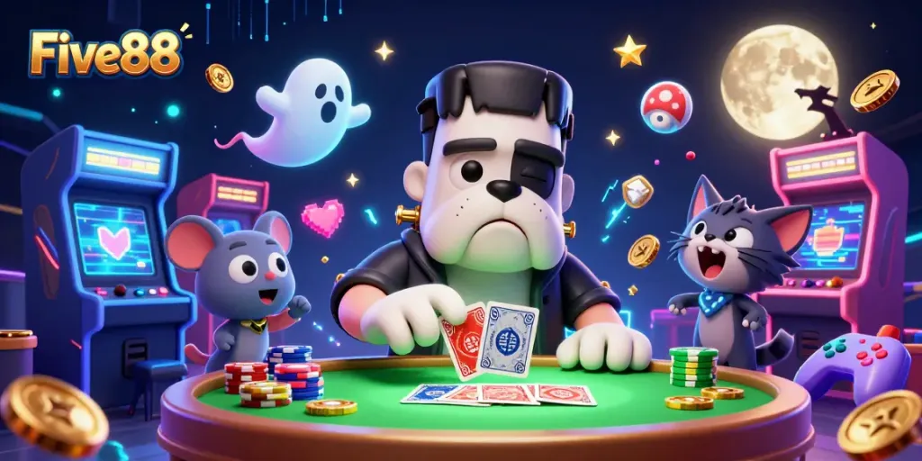 Five88 features thrilling gameplay with a spooky card-dealing bulldog, mouse, and werewolf kitten, enhancing the casino atmosphere.