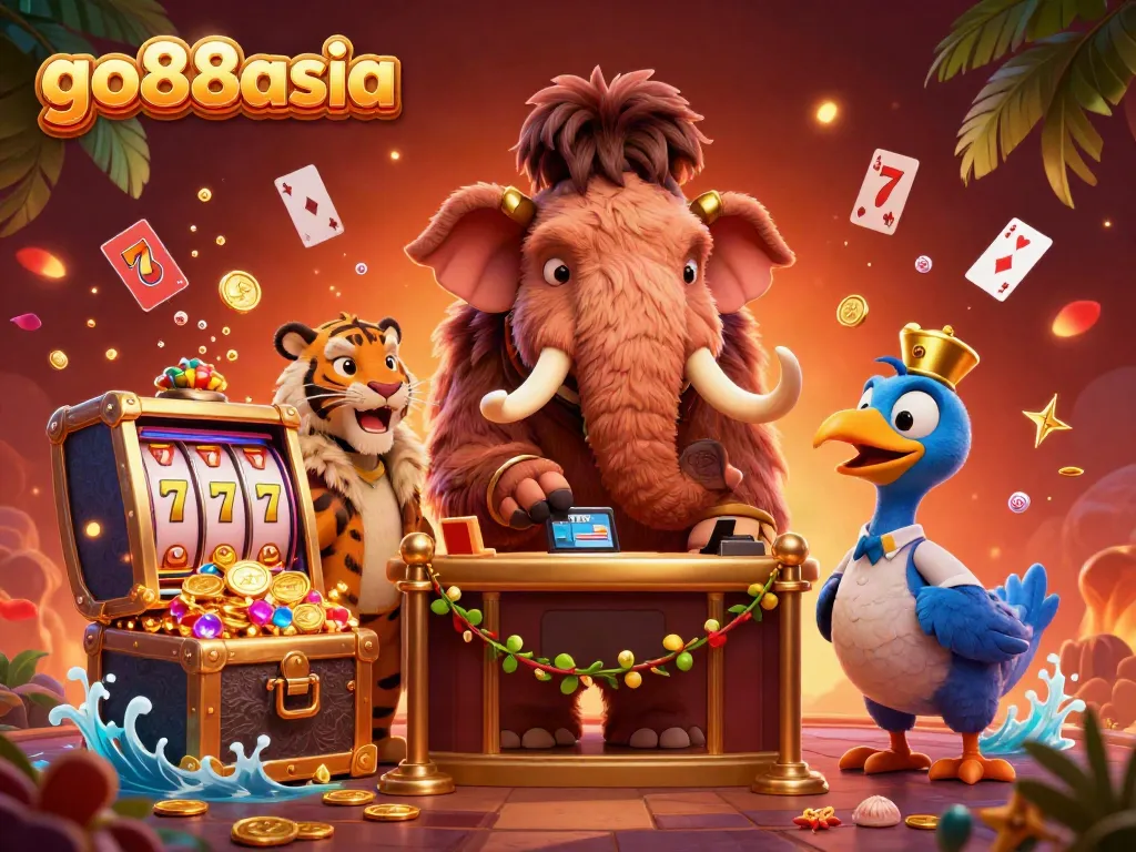 Experience excitement at go88asia with a cartoon mammoth bouncer welcoming a saber-tooth guest at a vibrant casino scene.