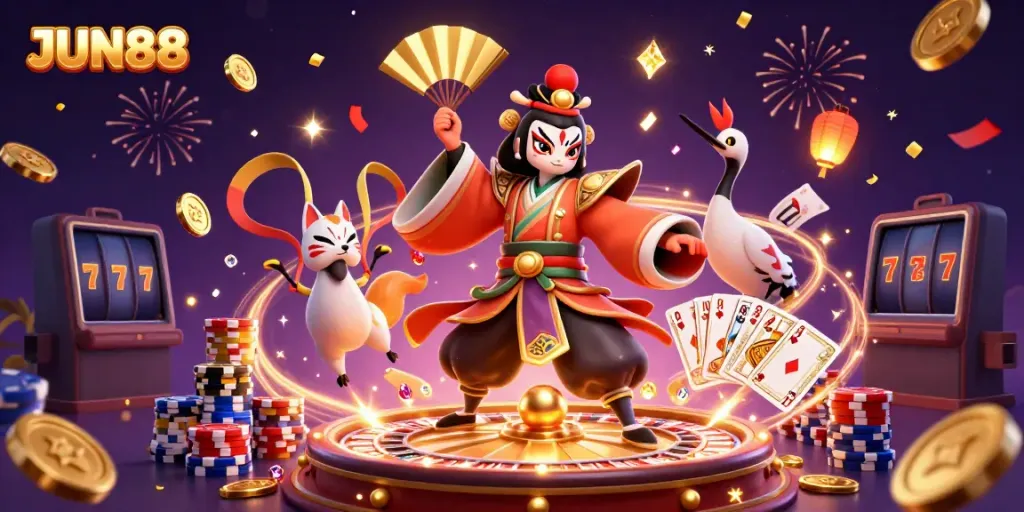 Engage with JUN88 in a vibrant casino scene featuring a kabuki warrior, kitsune mask, and dynamic game elements.