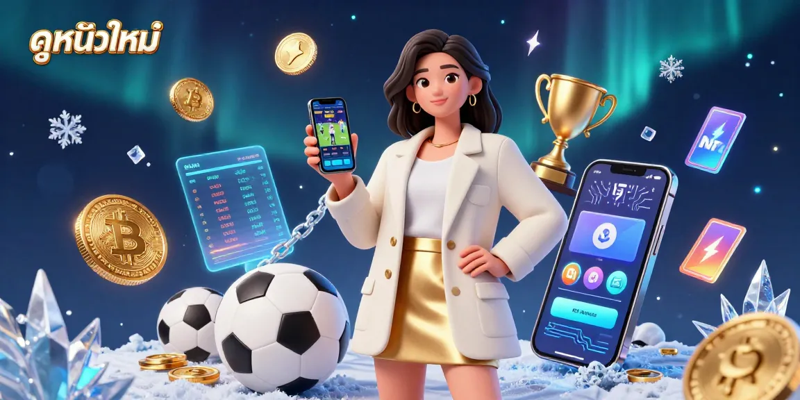 Engage with ดูหนังใหม่ through an artistic depiction of an Asian woman showcasing a sports betting app.