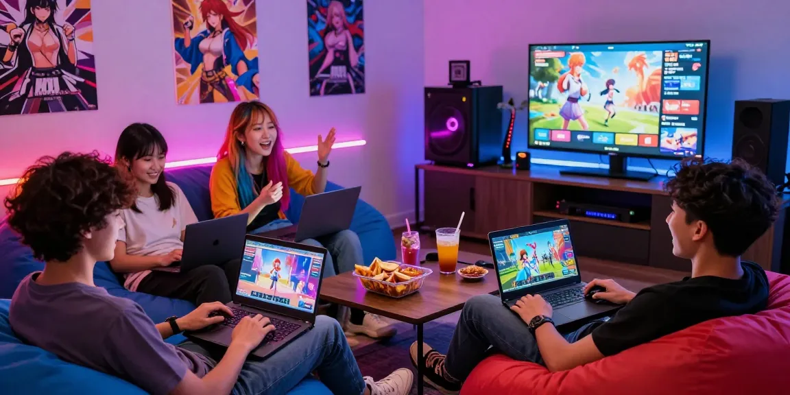 Young adults enjoying a lively gaming session playing various hentai games in a colorful room.