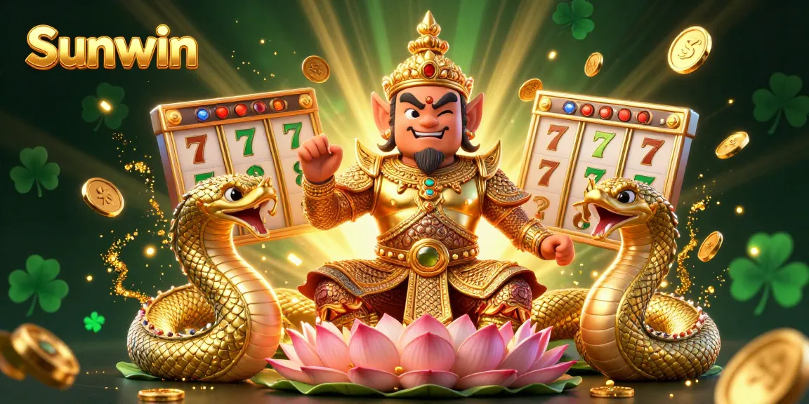 Win big with Sunwin at this vibrant casino scene featuring dynamic slot reels and gold coins.