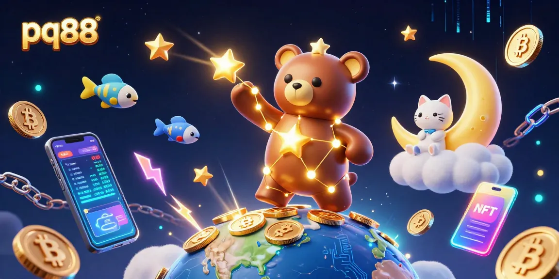 Pq88 showcases a vibrant 3D scene with a constellation bear scooping coins, vibrant cryptocurrency elements, and dynamic energy effects.