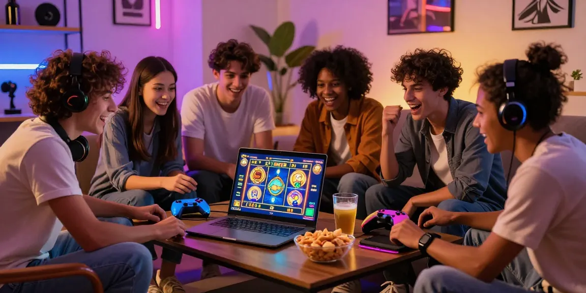 Situs slot deposit 10 ribu with friends enjoying online gaming in cozy living room atmosphere.