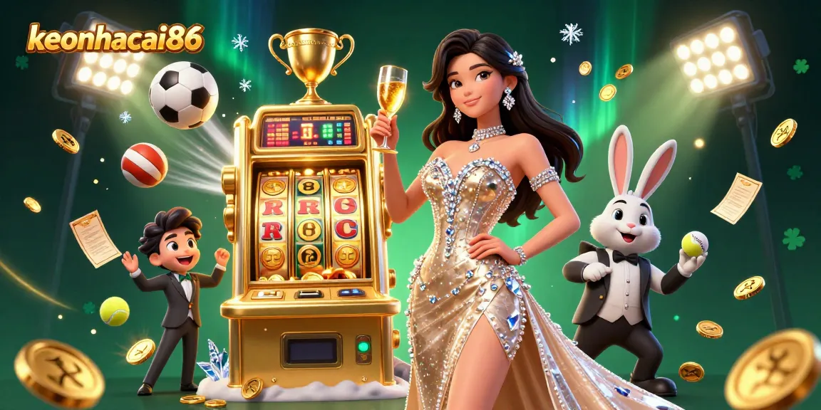 Experience excitement with keonhacai86 as a glamorous woman toasts beside a jackpot machine amidst vibrant sports betting elements.