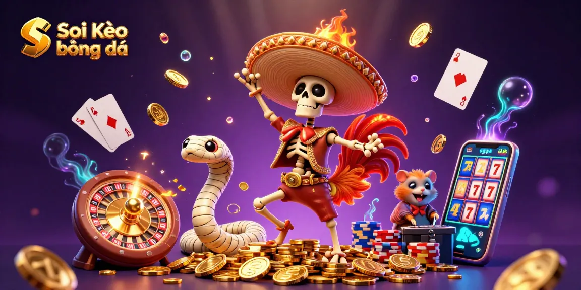 Soi Kèo bóng đá scene featuring a vibrant mariachi rooster, mummy snake, and zombie DJ celebrating on gold coins.