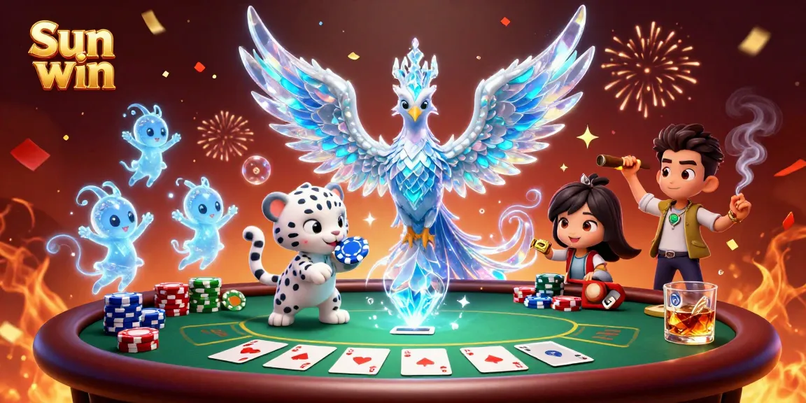 Experience the thrill of Sun win with an ice phoenix and snow leopard in a vibrant casino scene.