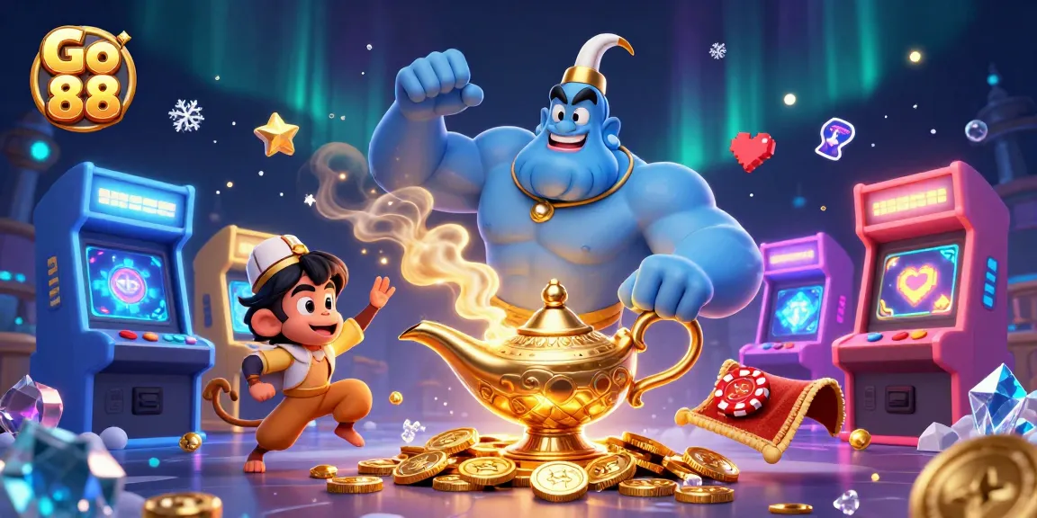 Go 88 showcases a magical genie and monkey on a colorful gaming carpet, symbolizing exciting casino adventures.