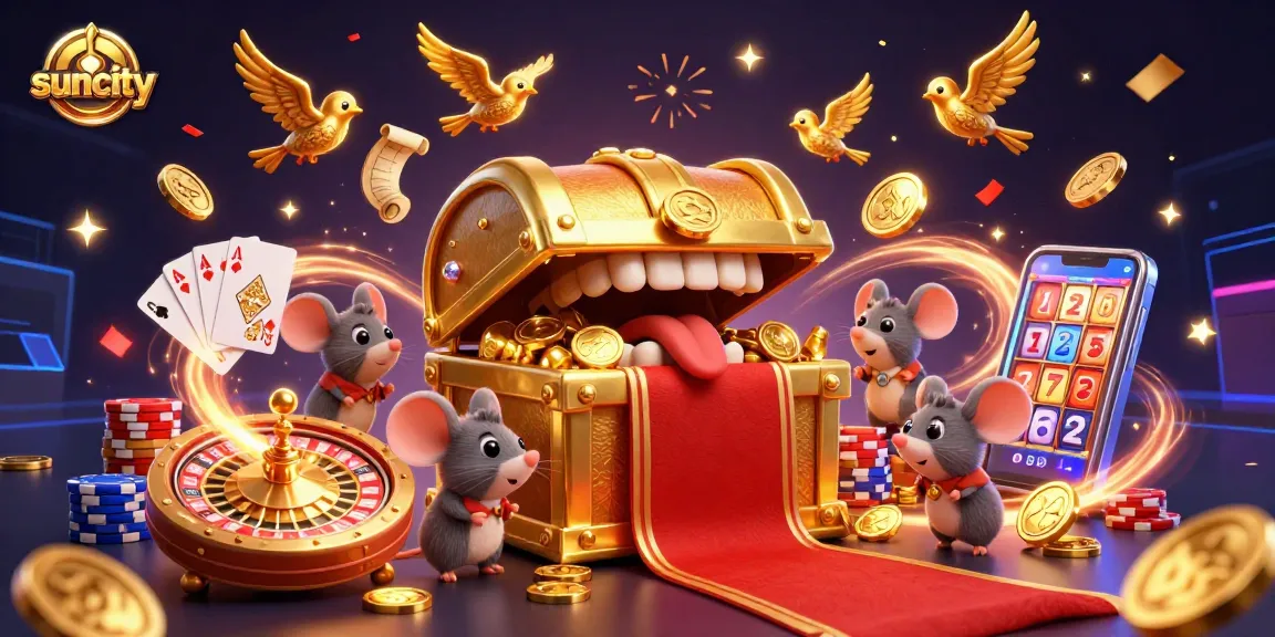 Suncity gamers enjoy a vibrant 3D casino scene with spinning roulette and golden treasures.
