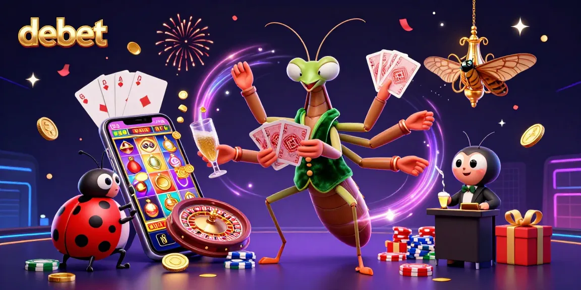 Engage with debet's vibrant online casino experience; a playful cartoon mantis showcases winning slots and celebratory elements.