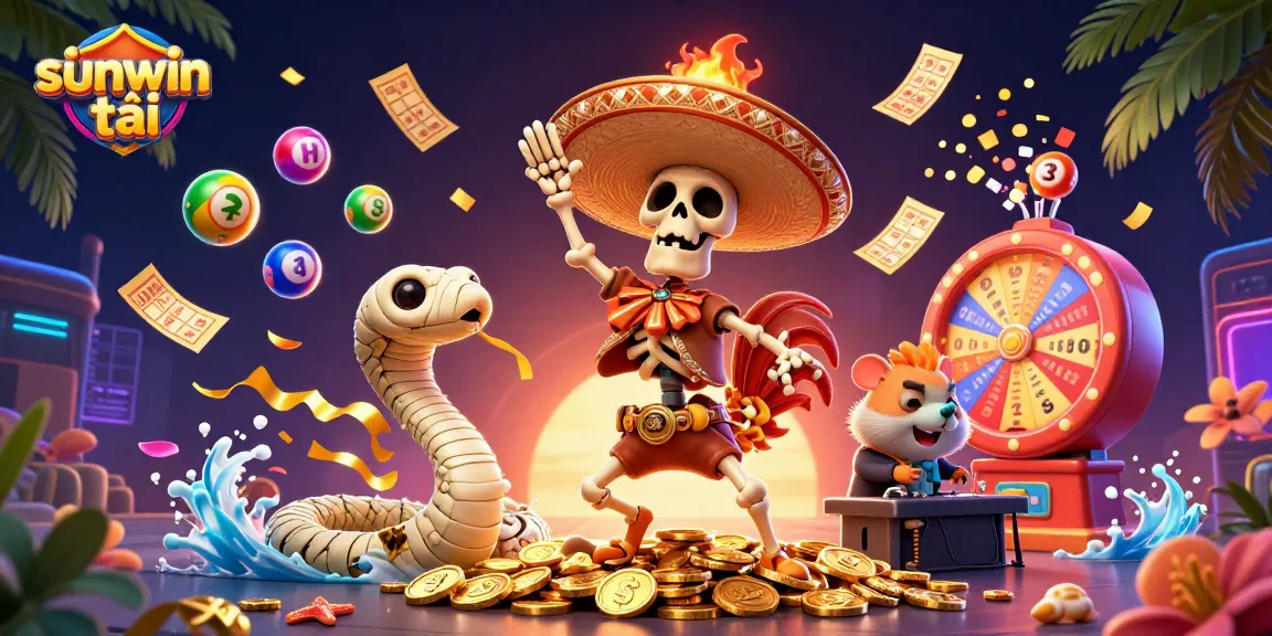 Join in the excitement of sunwin tải with a vibrant casino scene featuring a dancing rooster and a lively DJ.