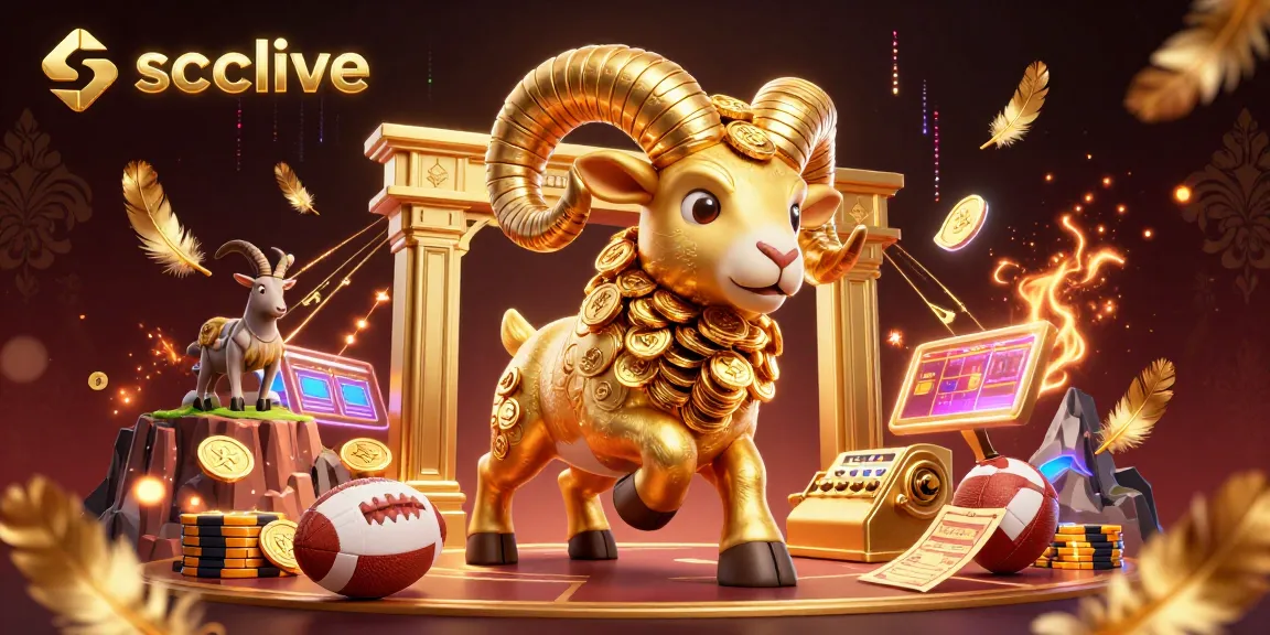 Socolive sports betting scene showcasing a golden ram charging through a festival of gold coins and betting slips.