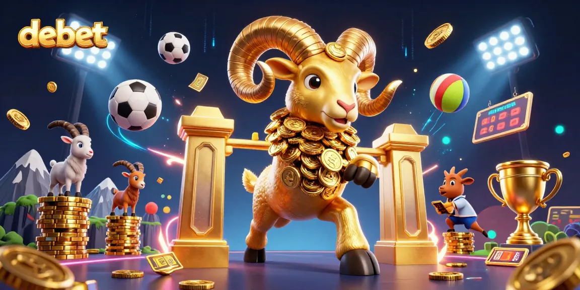 Bet on debet's thrilling 3D illustration featuring sports balls, golden ram, and winning moments.