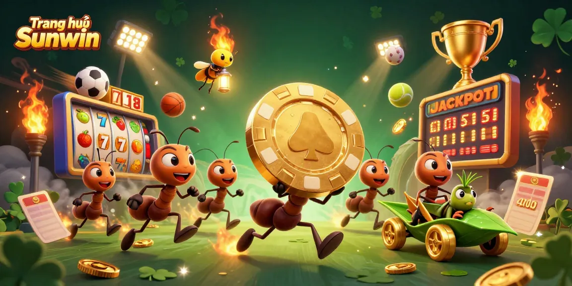 Engage with Trang chủ Sunwin's vibrant heist-themed 3D illustration featuring ants and dynamic casino elements.