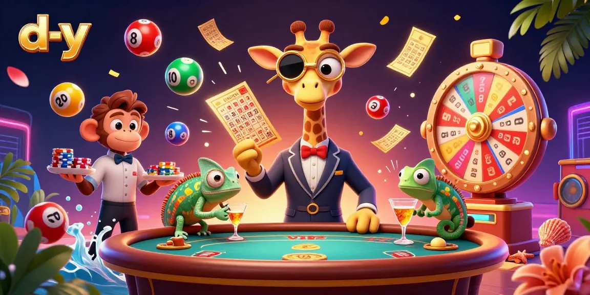 Experience thrilling gaming at d-y with a giraffe, monkey, and chameleon in a vibrant casino scene.