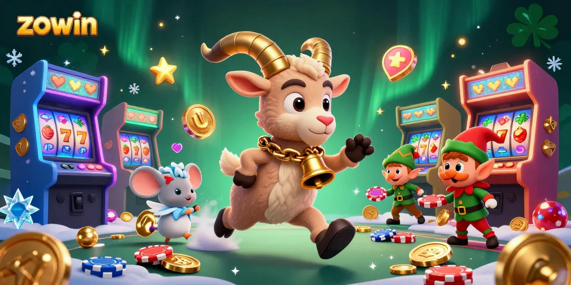 Zowin casino scene with Krampus goat, angel mouse, and elves stealing poker chips.