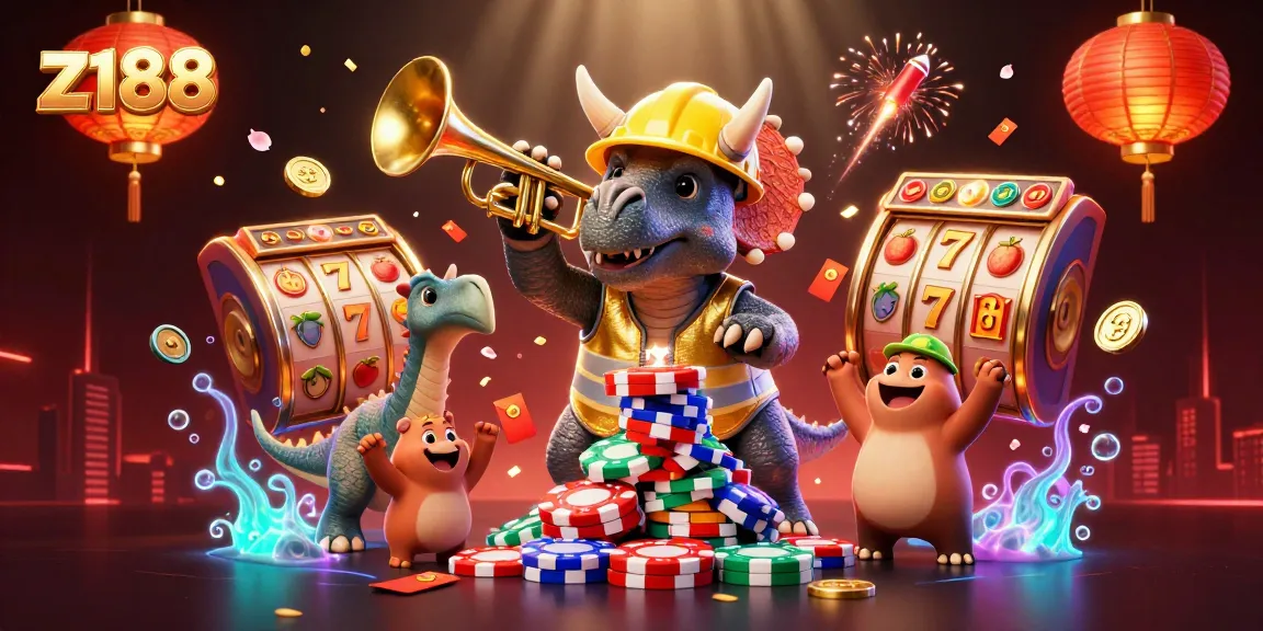 Experience thrilling gameplay at z188 as a triceratops builds a poker chip pyramid with a festive atmosphere.