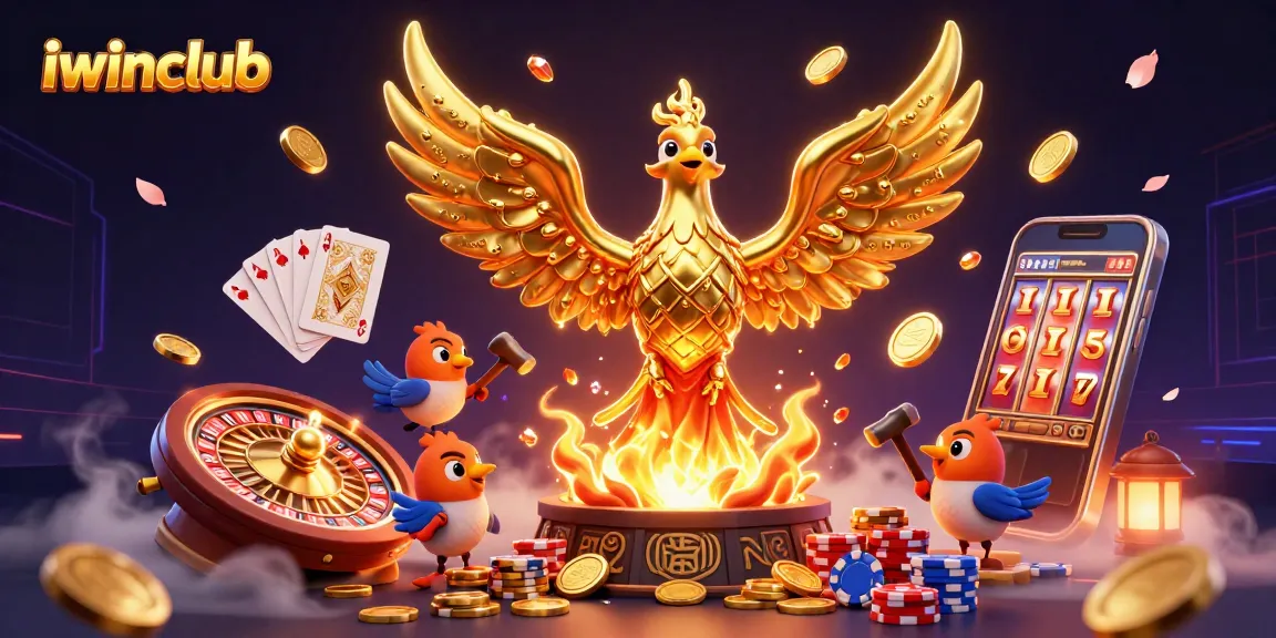 Engage with the thrilling iwinclub experience, featuring a dynamic scene with a golden phoenix and casino elements.