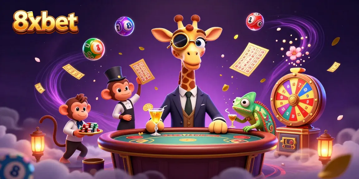 Join the excitement at 8xbet with a giraffe high-roller at a VIP poker table, surrounded by colorful gambling elements.