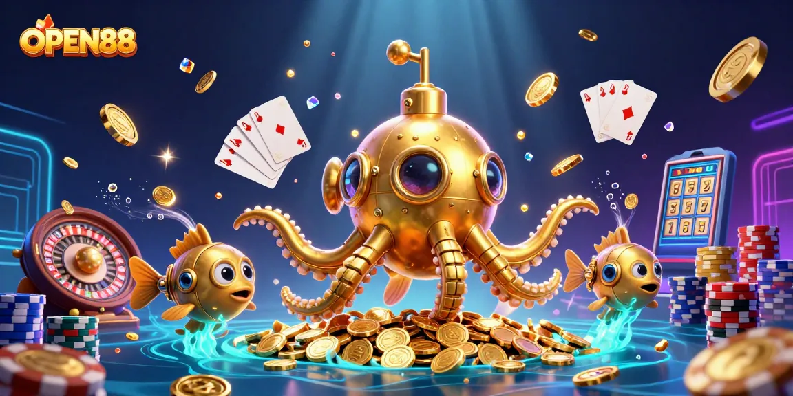 Experience magical gameplay with OPEN88's golden kraken submarine amidst cascading coins and exciting casino elements.