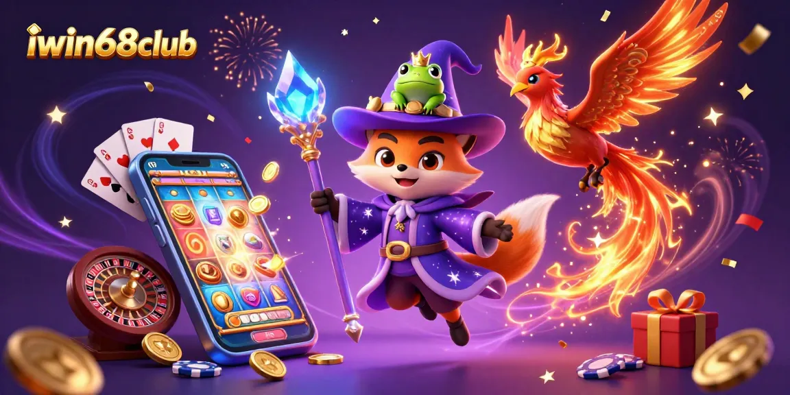 Spin and win with iwin68club in an enchanted casino scene featuring colorful slot games and magical characters.