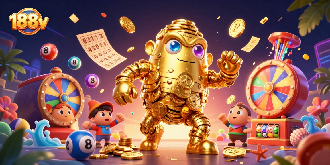 Experience the thrill of 188v with an exciting 3D illustration showcasing lively lottery games and casino elements.