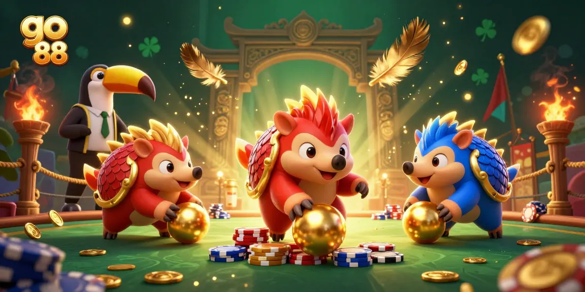 Engage with go 88's vibrant 3D casino showdown featuring rival pangolins amidst colorful chips and dynamic gambling elements.