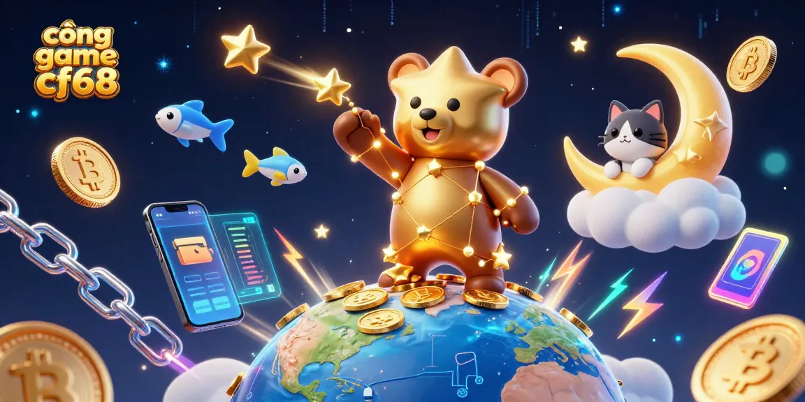 Engage with cổng game cf68 in a vibrant 3D digital universe showcasing stars, coins, and cosmic themes.