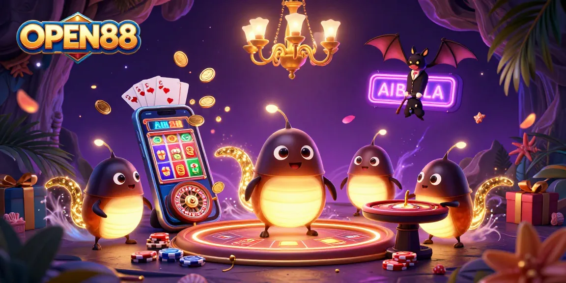 Experience the excitement of OPEN88 with vibrant glowworms lighting up a dynamic casino scene.