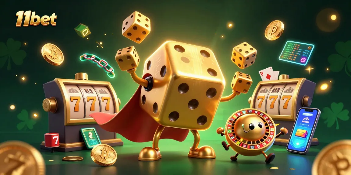 Experience thrilling slots with 11bet, featuring an engaging scene with golden dice and vibrant casino elements.