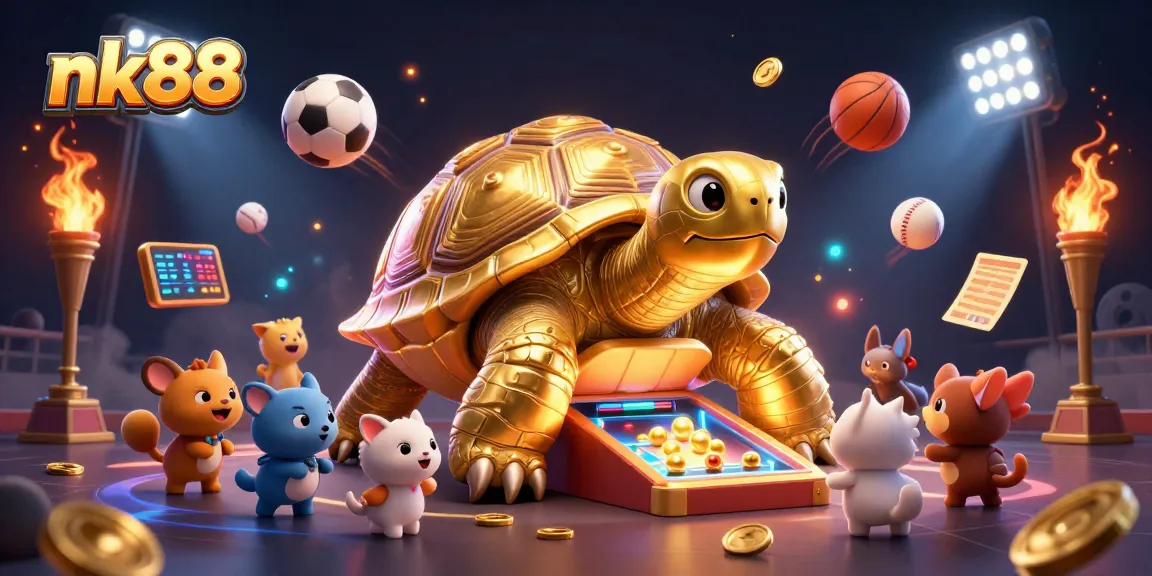 Experience thrilling bets with nk88 as a golden tortoise pinball awaits eager players in this vibrant casino illustration.