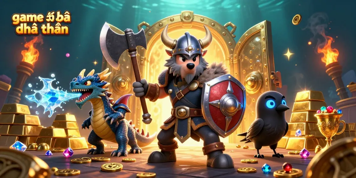 Experience game đánh bài đổi thưởng with Viking warrior and dragon amid dazzling treasures.