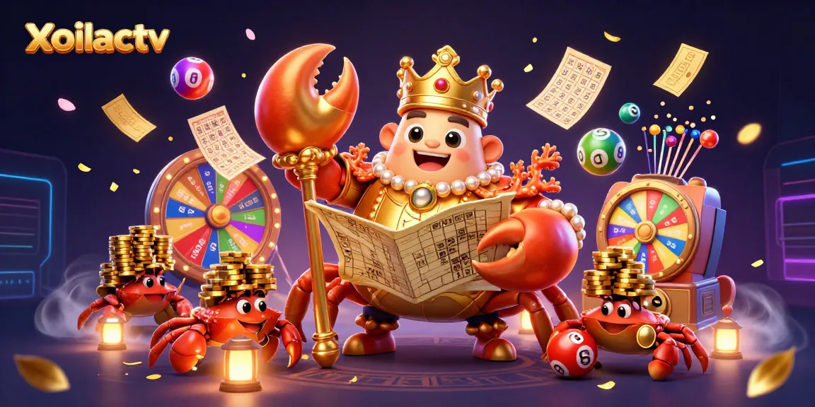 Xoilactv showcases a vibrant 3D scene with a golden crab and dynamic lottery elements for online gambling enthusiasts.