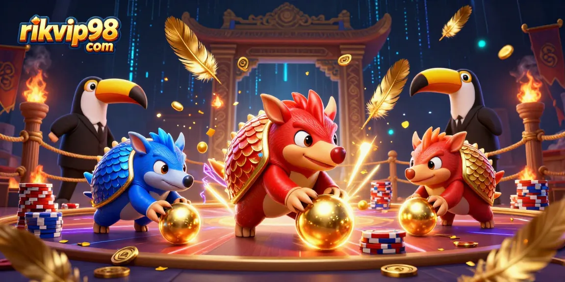 Engage in thrilling play at rikvip98 com with rival pangolins battling through poker chips in a vivid casino atmosphere.