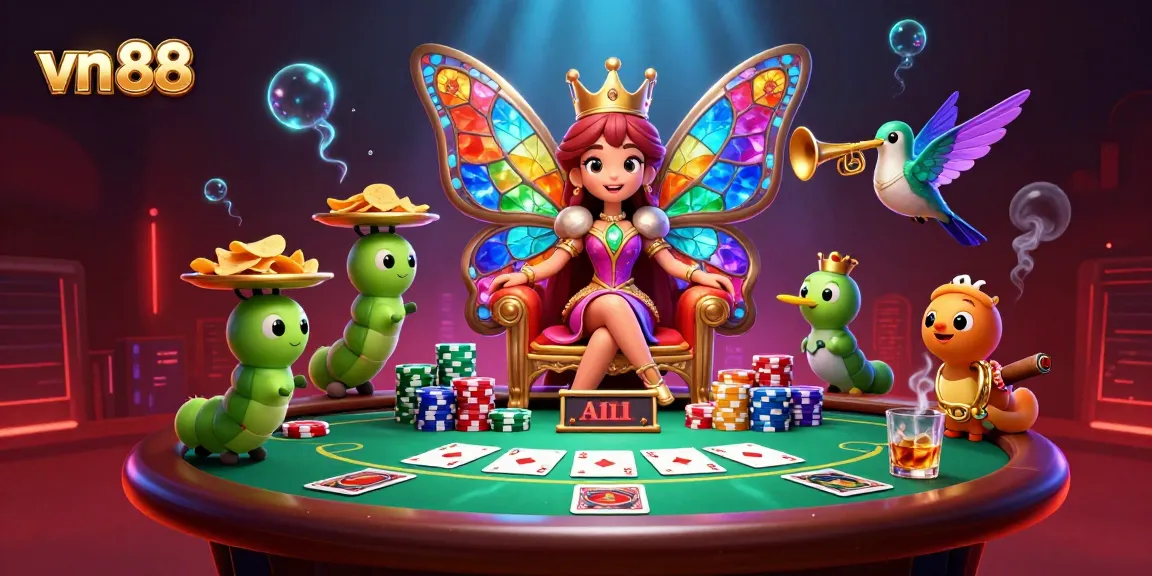 Engage with the thrilling vn 88 poker experience as colorful characters celebrate winnings at a vibrant casino table.