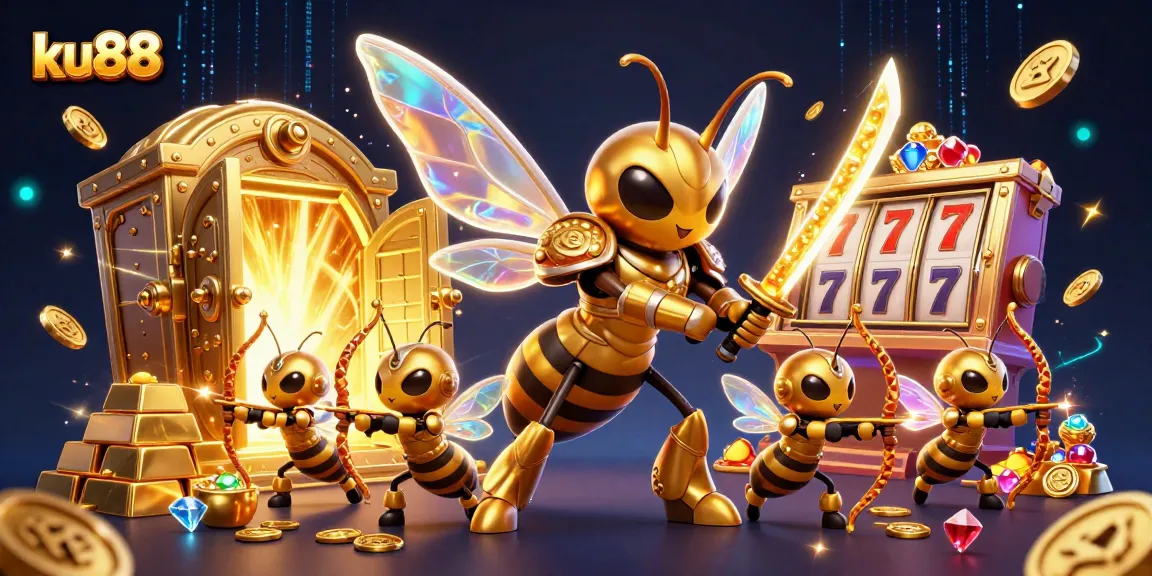 Spin the reels with ku88's captivating 3D illustration featuring a golden hornet and treasures.