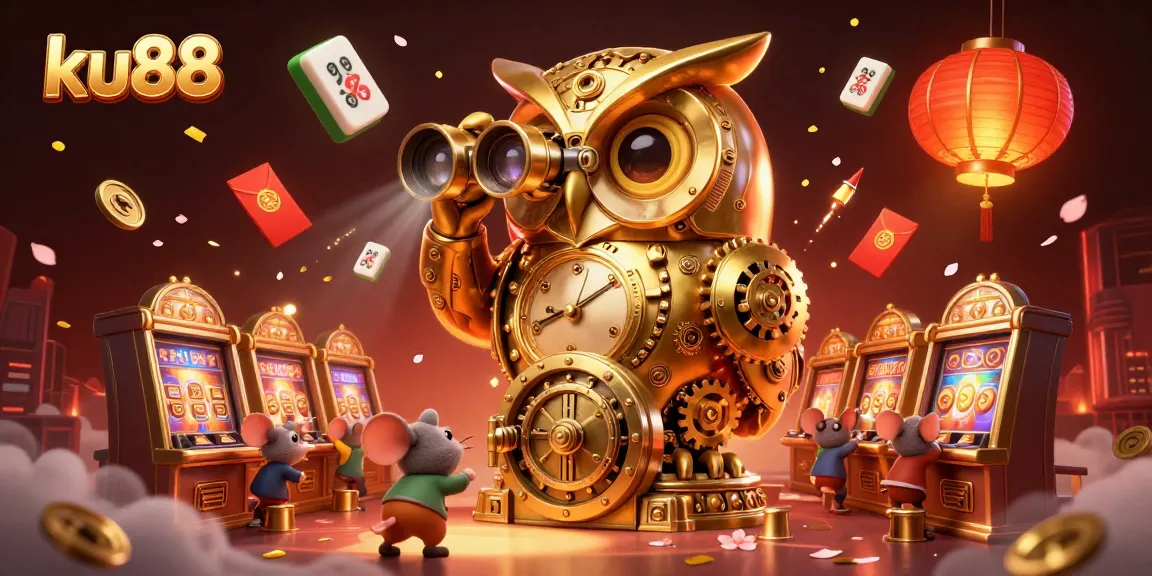 Experience the thrill of ku88 with a vibrant illustration of a gold owl and rat patrons in a bustling casino scene.