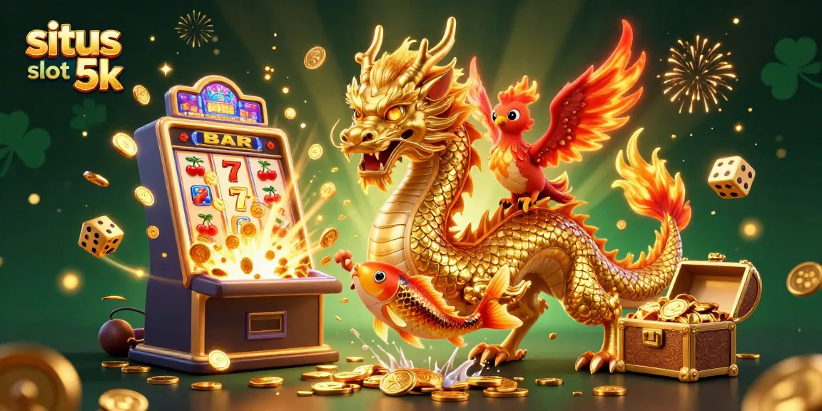 Experience the excitement at situs slot 5k with vibrant dragons, phoenixes, and coins cascading down!