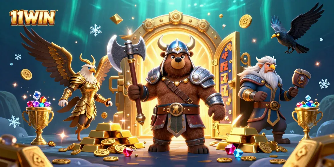 Spin the reels at 11WIN with our vibrant 3D illustration showcasing Viking themes and gold treasures.