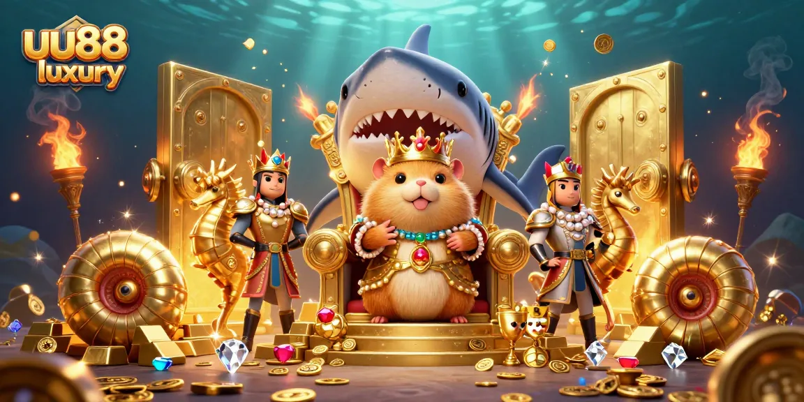 Engage with uu88 luxury’s treasure as the golden hamster king oversees a vibrant casino scene.