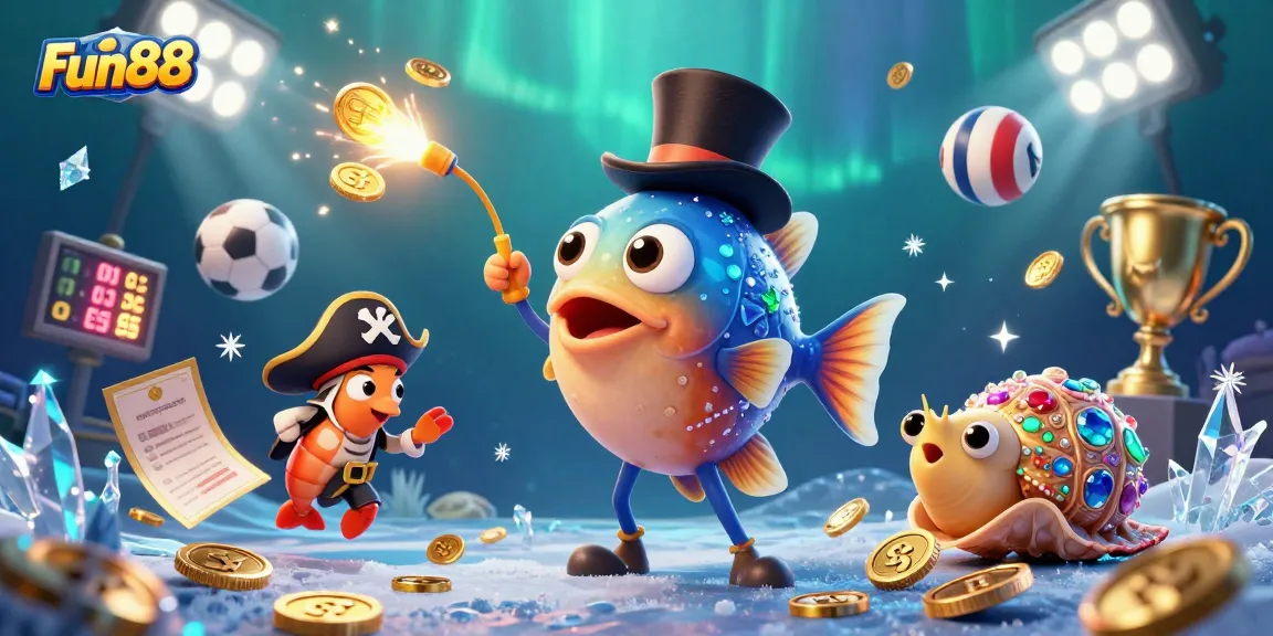 Fun88 showcases an exciting underwater casino scene with an anglerfish, shrimp, and snail, surrounded by sports elements.