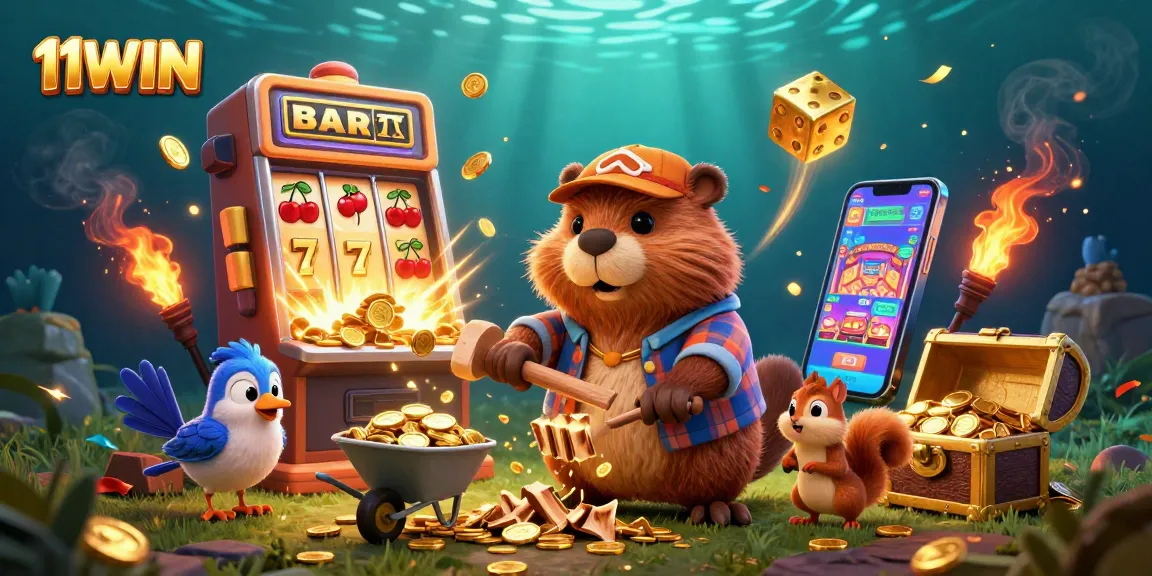 Experience the thrill of 11WIN with cartoon characters amidst a jackpot explosion and dynamic casino elements.