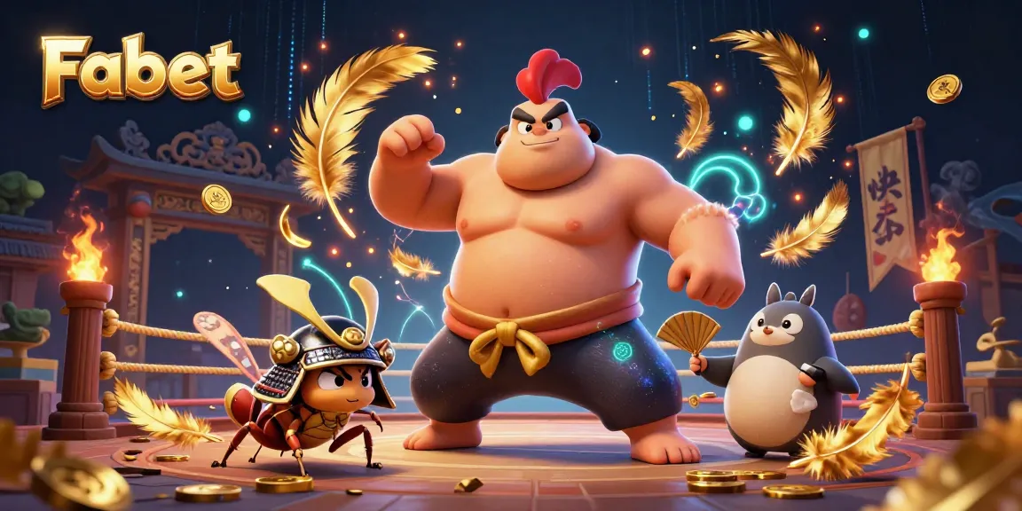 Fabet showcases an exciting scene with sumo rooster and samurai cricket in a lively casino arena.