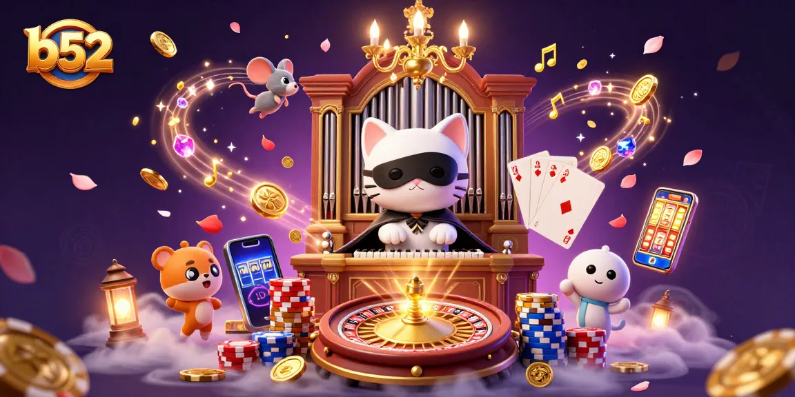Engage with b52's dynamic 3D gaming scene featuring a phantom cat at a casino organ.