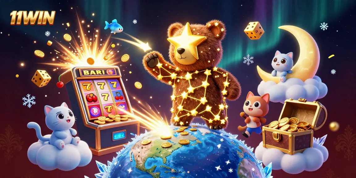 Experience excitement with 11WIN's vibrant 3D casino illustration full of engaging games and characters.