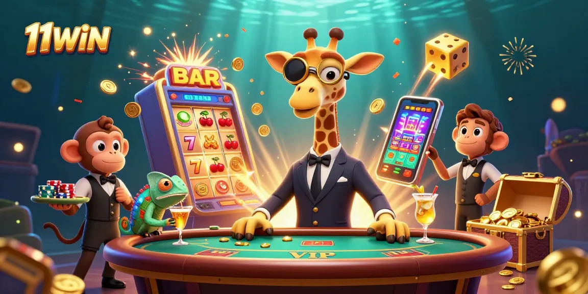 Experience excitement at 11WIN with vibrant casino fun featuring a giraffe, monkey, and chameleon!