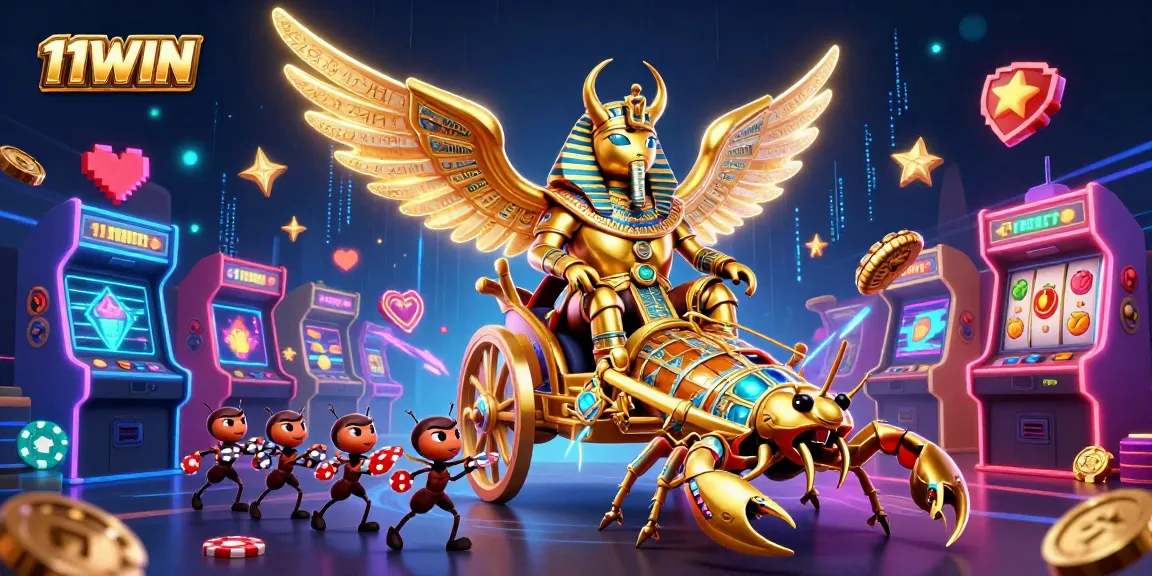 11WIN features a spectacular 3D casino scene with a golden scarab beetle, scorpions, and vibrant gaming elements.
