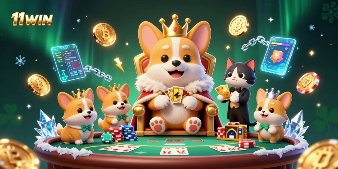 Experience the vibrant 3D world of 11WIN, featuring royal corgi characters among poker chips and crypto coins.