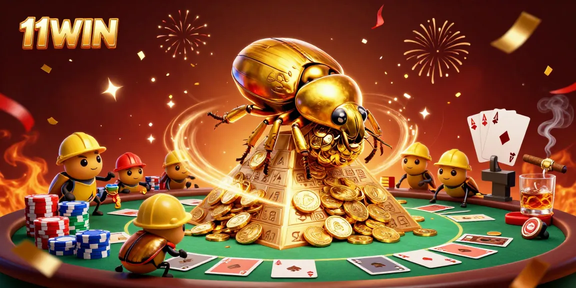 Experience the thrill of 11WIN with golden beetles aiding in a jackpot at a lively casino scene.