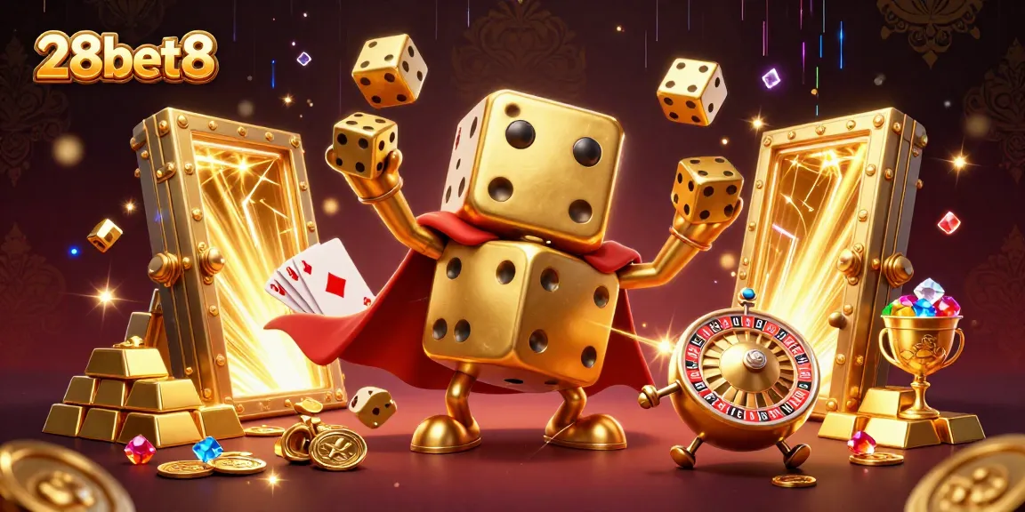 Experience the excitement of 28bet8 with a vibrant 3D illustration showcasing casino elements and golden treasures.